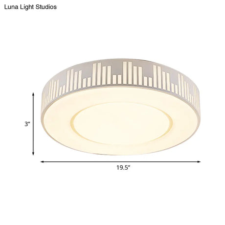 Modern Led Iron Flush Light Fixture - White Drum Ceiling Mount With Piano Key Pattern In