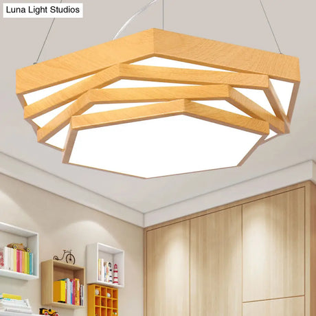 Modern Led Office Chandelier With Hexagonal Spiral Design - Light Wood Finish / White