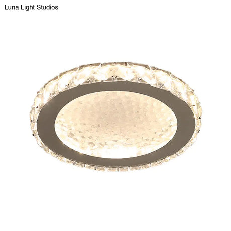Modern Led Round Flush Mount Ceiling Light With Clear Crystal Accent In White - Warm/White Lighting