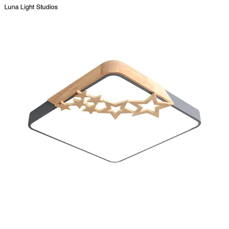 Modern Led Square Acrylic Flush Mount Lamp With Grey/White Ceiling Light Fixture And Wooden Star