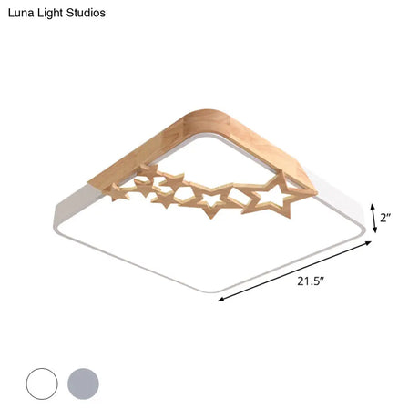 Modern Led Square Acrylic Flush Mount Lamp With Grey/White Ceiling Light Fixture And Wooden Star
