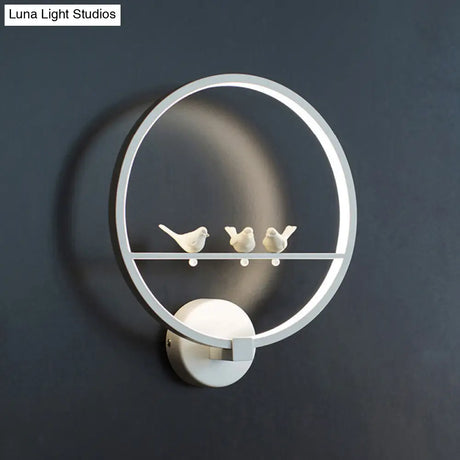 Modern Led White Circle Sconce Wall Mount Lamp With Birds Decor For Bedroom