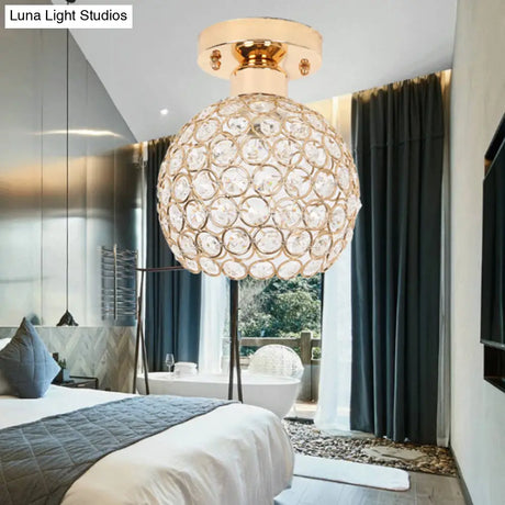 Modern Metal And Crystal Dome Ceiling Fixture - Gold Semi Flush Mount Light For Hallway