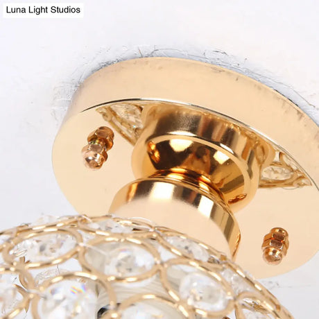 Modern Metal And Crystal Dome Ceiling Fixture - Gold Semi Flush Mount Light For Hallway