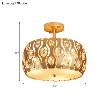 Modern Metal And Crystal Drum Semi Flush Mount With 3 Lights In Gold Finish