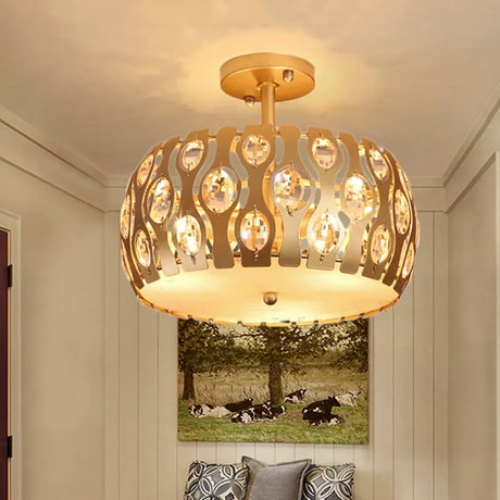 Modern Metal And Crystal Drum Semi Flush Mount With 3 Lights In Gold Finish