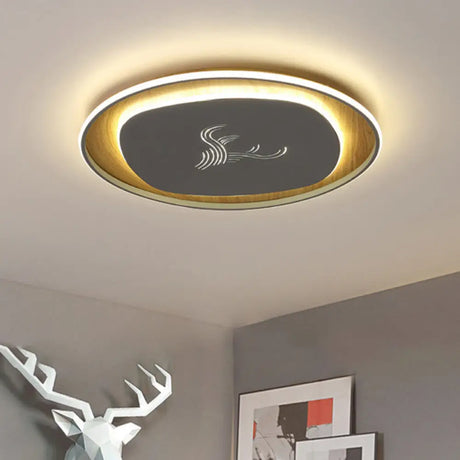 Modern Metal Arc Square Flush Light With Led Black/Grey/Green Ceiling Round Wood Canopy - 16/19.5