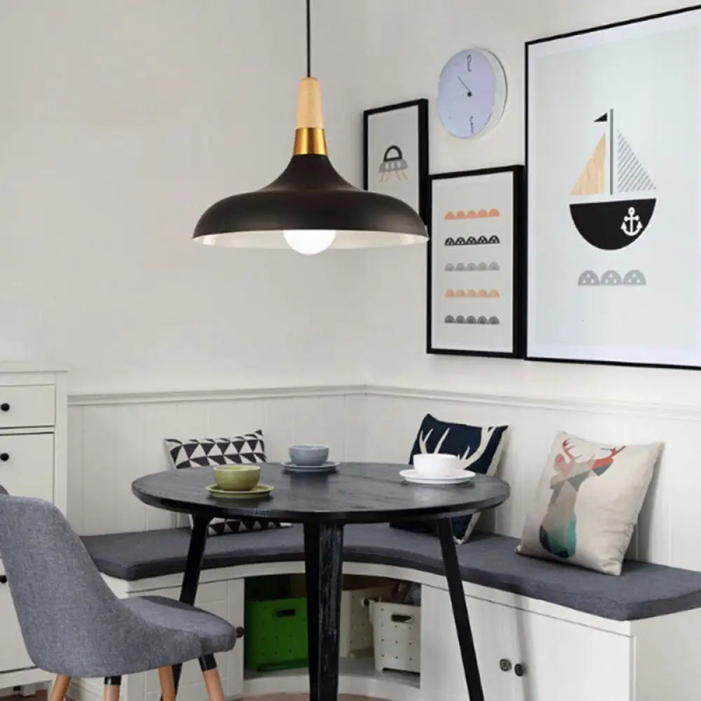 Modern Metal Barn Pendant Light With Wood Grip - 1-Light Ceiling Lamp Black