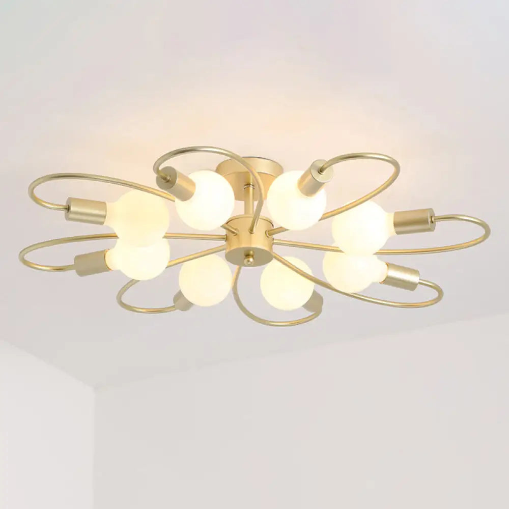 Modern Metal Brass Semi Flush Mount Light For Living Room - Open Bulb Design Ceiling Fixture 8 /
