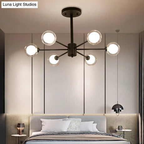 Modern Metal Burst Chandelier Light - 6 Lights Black Clear Glass Shade