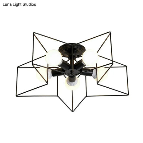 Modern Metal Ceiling Light Fixture For Bedroom - Pentagram Cage Semi Flush Mount Lamp With 5 Bulbs