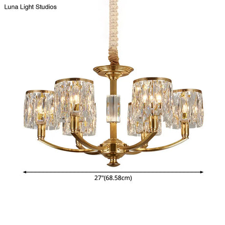 Modern Metal Chandelier With Brass Arced Arm And Prismatic Crystal Shade