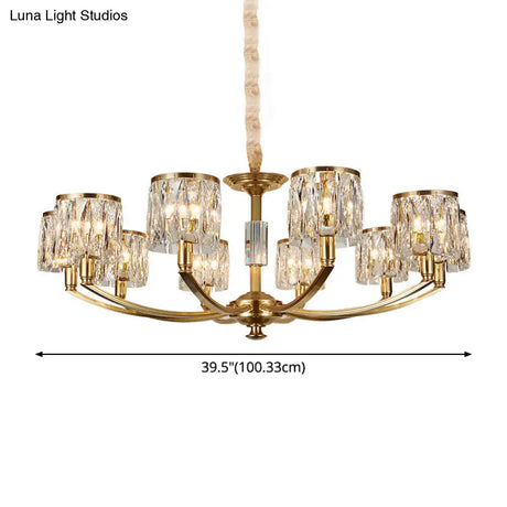 Modern Metal Chandelier With Brass Arced Arm And Prismatic Crystal Shade
