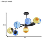 Modern Metal Chandelier With Handblown Glass Shades - 7-Light Semi-Flush Ceiling Light In Black