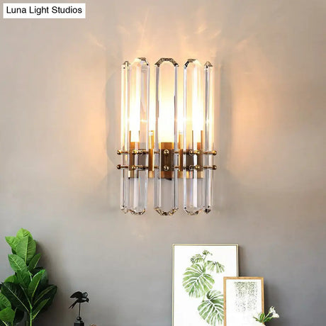 Modern Metal Cylinder Wall Sconce Light With Clear Crystal Prism Golden Finish 2 Bulbs Ideal For