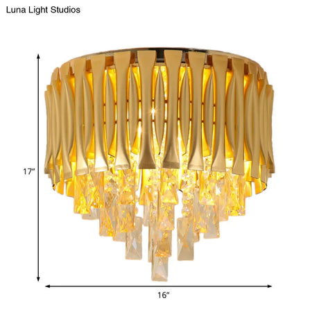 Modern Metal Drum Ceiling Light Fixture With Crystal Block Drop - Brass Flush Mount 5 Lights