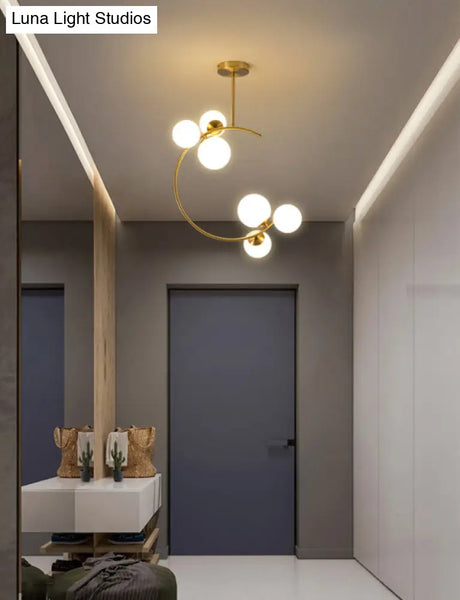 Modern Metal Hanging Chandelier In Gold With Globe Glass Shade - Bedroom Ceiling Light