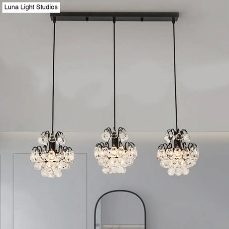 Modern Metal Pendant Light With Clear Crystal Balls And 3 Bulbs - Round/Linear Canopy Black/Gold