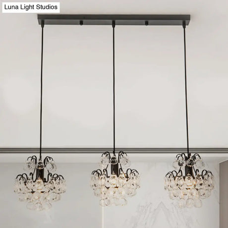 Modern Metal Pendant Light With Clear Crystal Balls And 3 Bulbs - Round/Linear Canopy Black/Gold