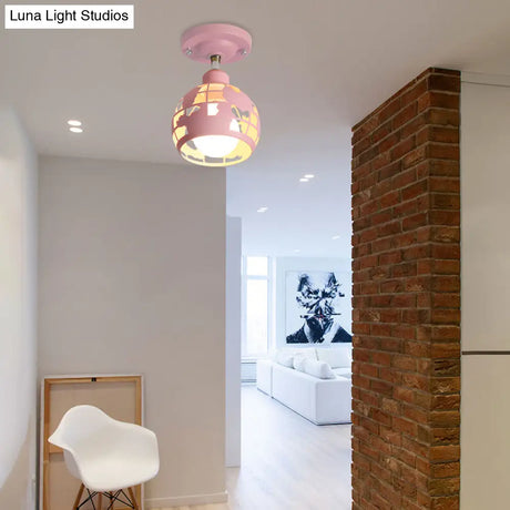 Modern Metal Semi - Flush Light With 1 Head For Hallway - Pink/Yellow/Blue Domed Design