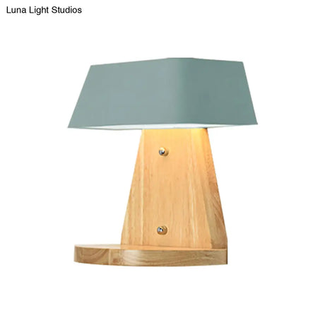 Modern Metal Trapezoid Wall Sconce With Wooden Backplate - White/Orange/Blue Light Fixture For