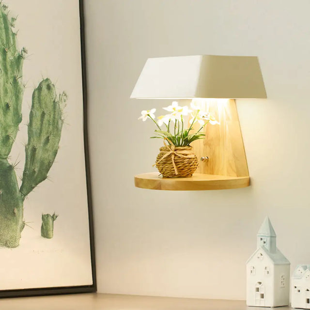 Modern Metal Trapezoid Wall Sconce With Wooden Backplate - White/Orange/Blue Light Fixture For