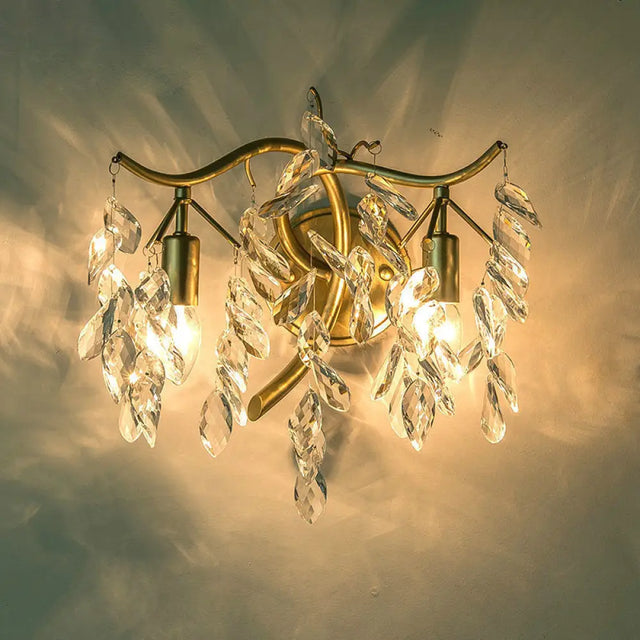 Modern Metal Wall Sconce With Clear Crystal Leaf Deco And 2 Brass Bulbs