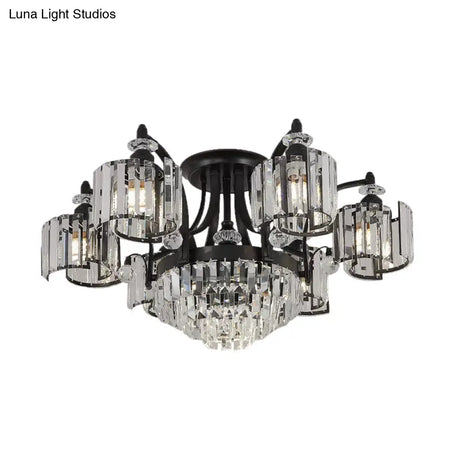 Modern Metallic Curved Arm Semi Flush Mount Ceiling Light In Black With Crystal Cylinder Shade -
