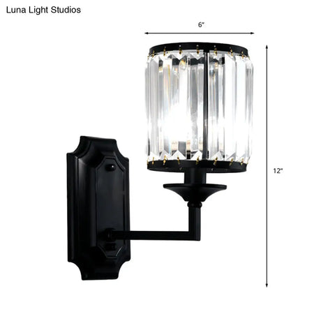 Modern Metallic Cylinder Wall Lamp: 1 Light Sconce With Clear Crystal Prism In Black For Corridor