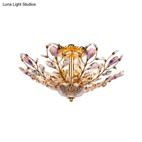 Modern Metallic Peacock Tail Semi Flush Ceiling Light With Crystal Drops - 6 Lights In Gold/Chrome