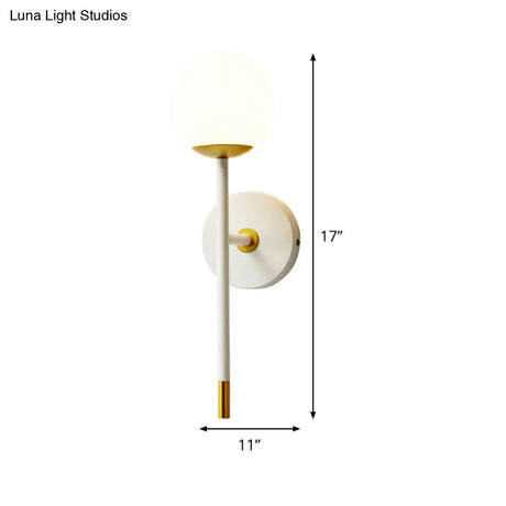 Modern Milk Frosted Glass Wall Sconce In White-Brass - Long Arm Bedside Lamp Kit