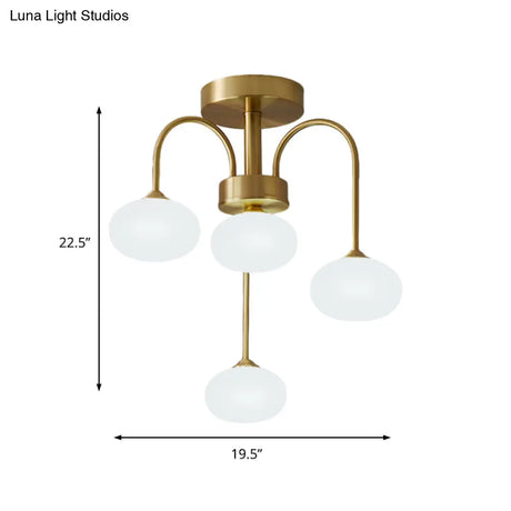 Modern Milky Glass Oval Semi Flush Gold Ceiling Mount Light Fixture With Metal Curvy Arm - 4/6 Heads
