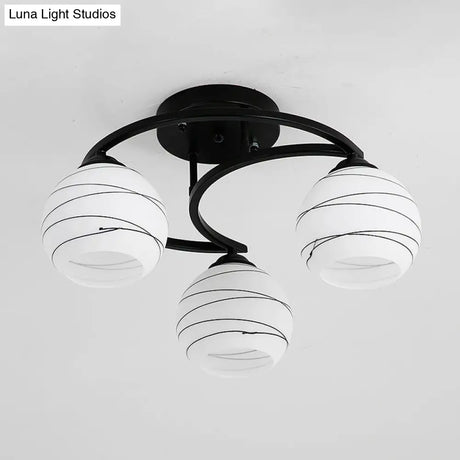 Modern Moon Frame Iron Semi Mount Black Flush Lamp With White Glass Shade - 3/6 Light Option