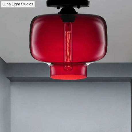 Modern Multi - Colored Lantern Flushmount Light With Glass Shade - Black Finish