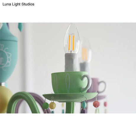 Modern Multicolor Glass Candle Hanging Light Chandelier With Cup Decoration For Kindergarten