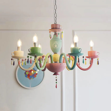 Modern Multicolor Glass Candle Hanging Light Chandelier With Cup Decoration For Kindergarten 6 /