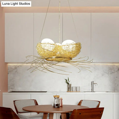 Modern Nest Pendant Light In Beige Aluminum - 3 Heads Chandelier Fixture For Dining Room