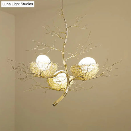 Modern Nest Pendant Light In Beige Aluminum - 3 Heads Chandelier Fixture For Dining Room