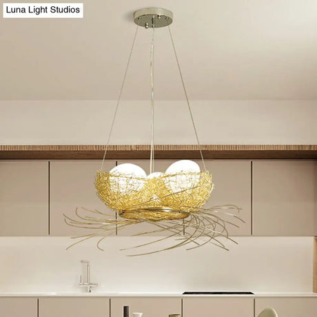 Modern Nest Pendant Light In Beige Aluminum - 3 Heads Chandelier Fixture For Dining Room