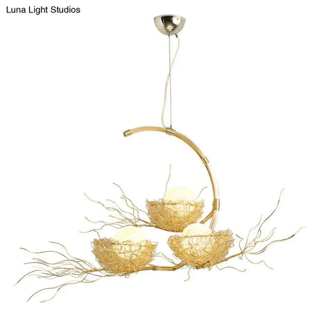 Modern Nest Pendant Light In Beige Aluminum - 3 Heads Chandelier Fixture For Dining Room