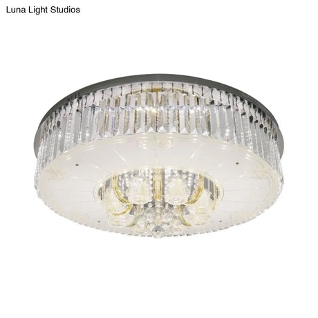 Modern Nickel Led Flush Mount Lamp With Clear Crystal Prisms Drum Design - Stylish Ceiling Lighting