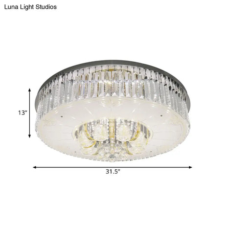 Modern Nickel Led Flush Mount Lamp With Clear Crystal Prisms Drum Design - Stylish Ceiling Lighting