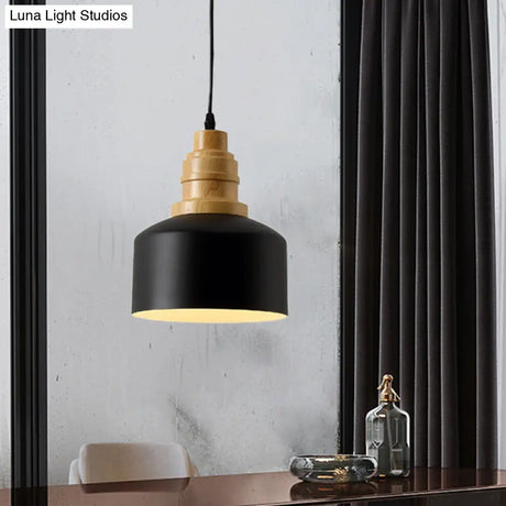 Modern Nordic Black Drum Hanging Pendant Lamp With Wooden Top - 1 Bulb Iron Ceiling Lighting