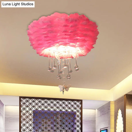 Modern Nordic Cloud Flush Light With Crystal Drop - White/Pink/Black Feather 2/3/4 Lights Bedroom