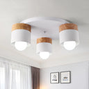 Modern Nordic Iron Cylinder Flush Mount Fixture With Wood Top - White 3 Bulb Ceiling For Bedroom
