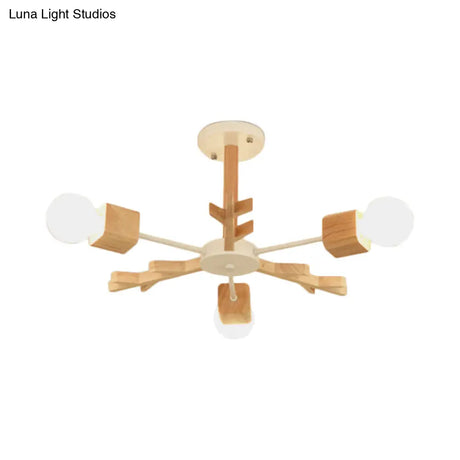 Modern Nordic Starburst Ceiling Mount Chandelier - Semi Flush & Light Wood Finish Exposed Bulb