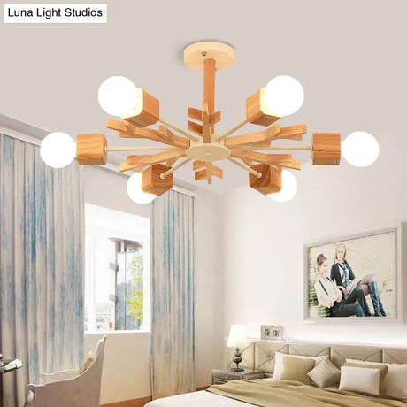 Modern Nordic Starburst Ceiling Mount Chandelier - Semi Flush & Light Wood Finish Exposed Bulb