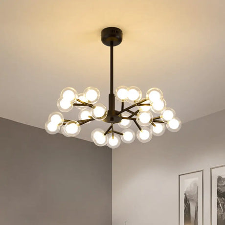 Modern Nordic Style Black Branching Chandelier Pendant Light - Metal Hanging With Clear Glass Ball
