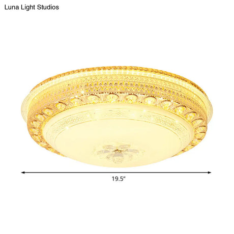 Modern Opal Glass Bowl Flush Light With Led Crystal Accent And Gold Hollow Out Design
