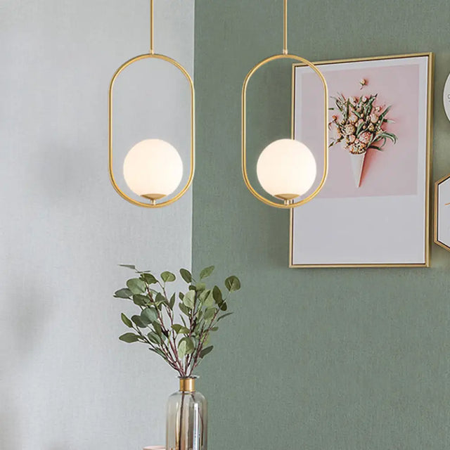 Modern Opal Glass Globe Pendant Light With Gold Finish And Oval Frame / Small